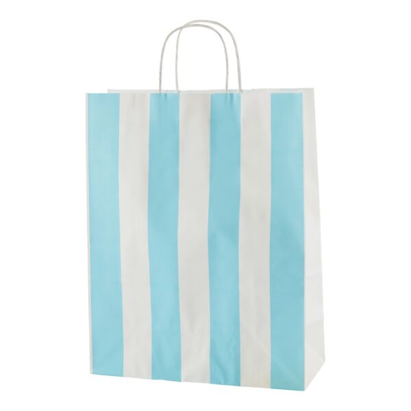 LIGHT BLUE & WHITE STRIPE TWIST HANDLE PAPER CARRIER BAGS – SIZE LARGE 32 X 12 X 41CMS