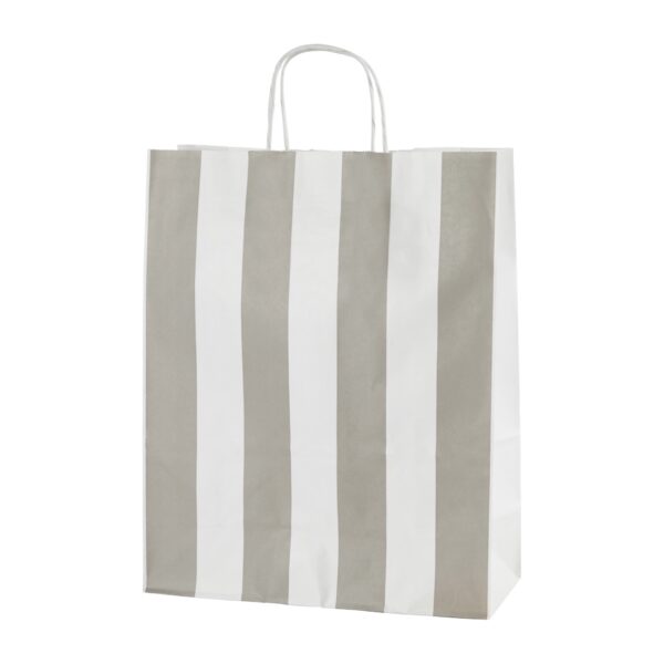 LIGHT GREY & WHITE STRIPE TWIST HANDLE PAPER CARRIER BAGS – SIZE LARGE 32 X 12 X 41CMS