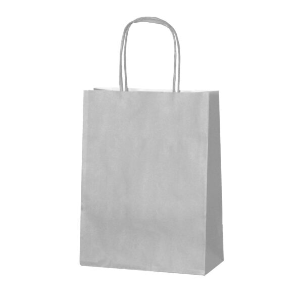 SILVER / LIGHT GREY TWISTED HANDLE PAPER PARTY BAGS – SIZE SMALL 18 X 8 X 22CMS